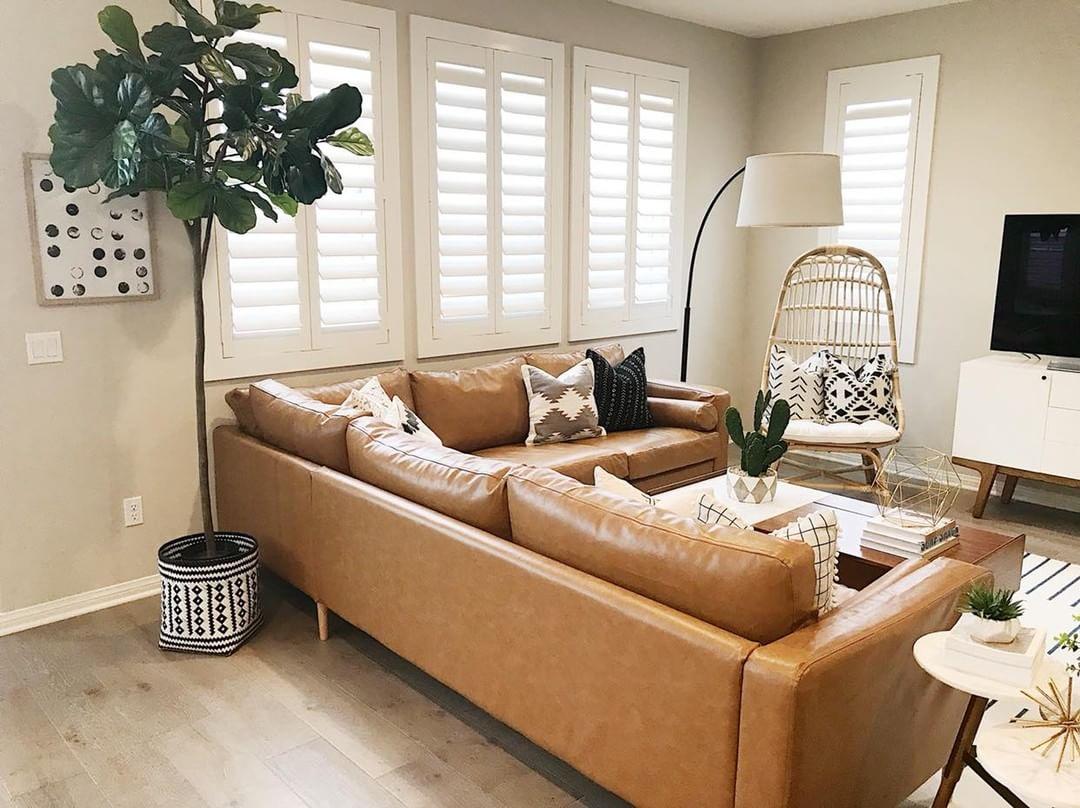 Cozy living room with Polywood shutters in Southern California.